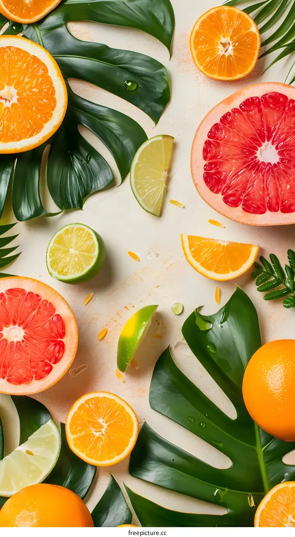 Tropical Fruit Summer Background with Citrus and Green Leaves