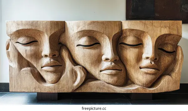 Carved Wooden Sculpture with Faces