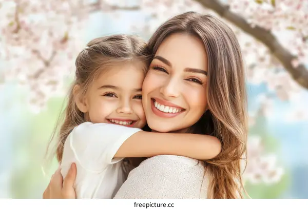Mother and Daughter Embrace in Spring Blossom