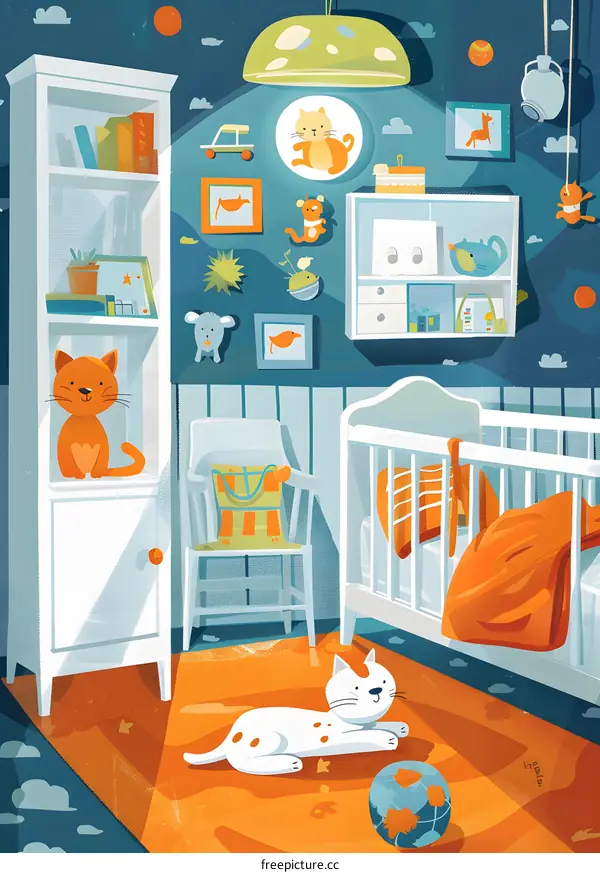 Cute Baby Room Illustration With Cat and Crib