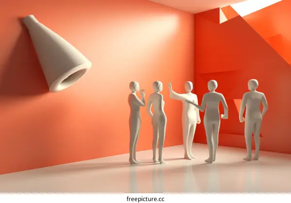 Illustration of people listening to a speaker in an orange room
