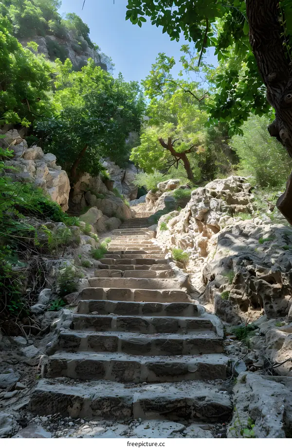 Stone steps lead up a steep incline through a narrow canyon with trees and shrubs on either side