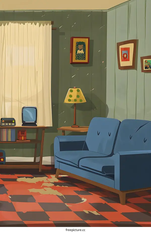 Vintage Living Room Illustration with Sofa and Checkerboard Floor