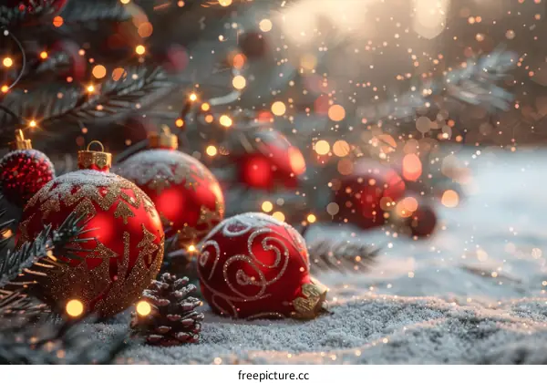 Red and Gold Christmas Ornaments with Snowflake & Pine Cone