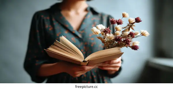 Woman Reading a Book with Dried Flowers