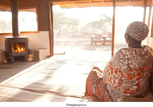 African Woman Relaxing in a Cozy Hut