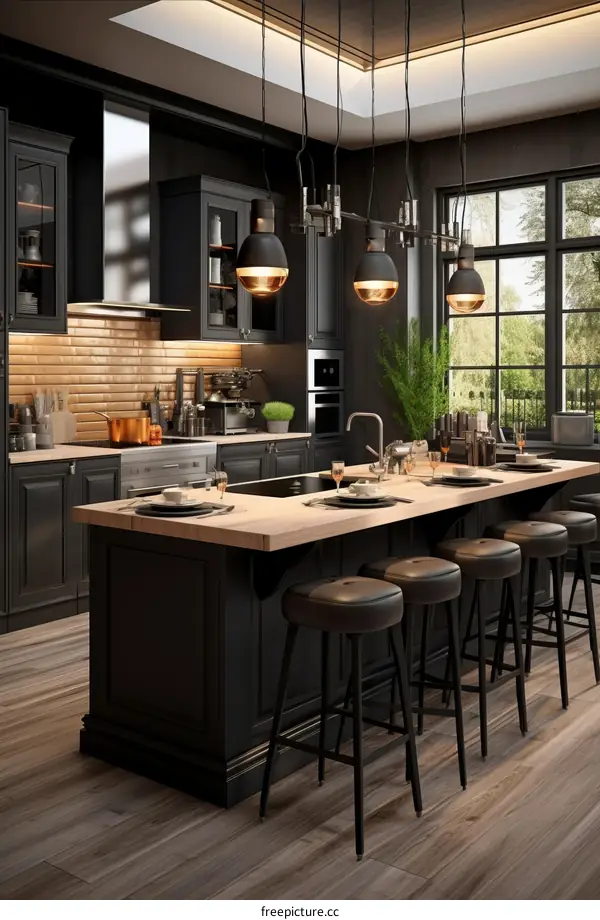 Kitchen Island with Black Cabinets, Copper Accents, and Dark Wood Floors