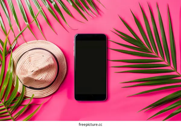 Summer Travel Essentials Flat Lay with Palm Leaves, Hat and Smartphone