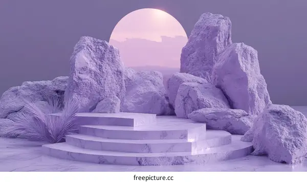 Purple Abstract Minimalist Scene with Rocks and Steps