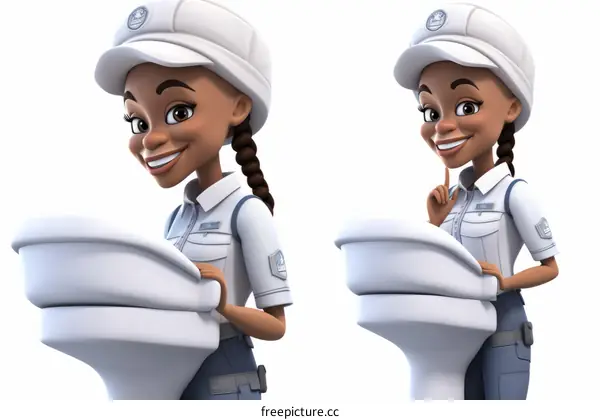 Two Black Female Plumbers in Uniform Leaning on Toilets