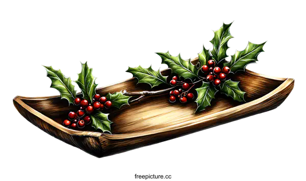 [Transparent Background PNG]Wooden Tray with Holly Berries Illustration
