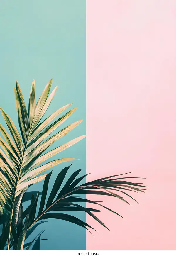 Tropical Palm Leaves on Pastel Colored Wall