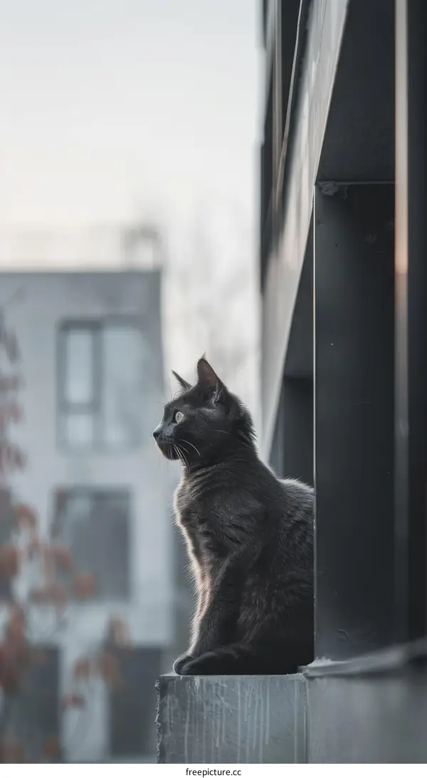A black cat is sitting on a ledge looking out at the city