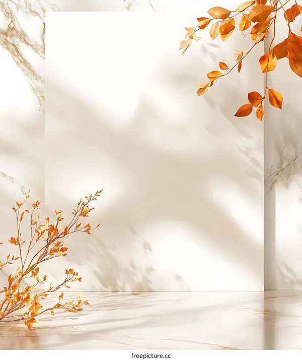 Minimalist White Background with Autumn Leaves and Shadow