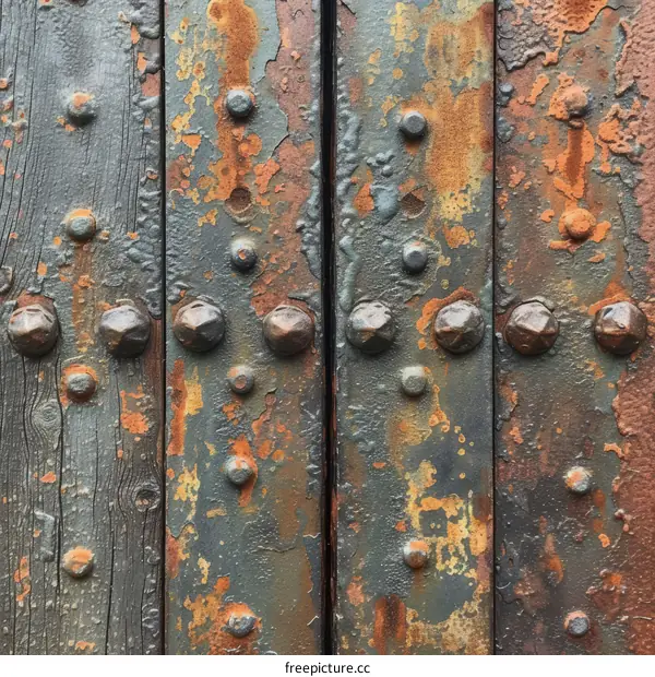 Close-up of rusty metal door with rivets