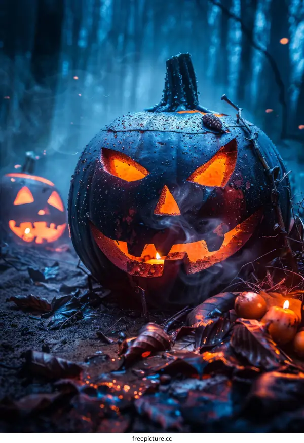 Glowing Jack-o'-Lanterns in a Dark Forest