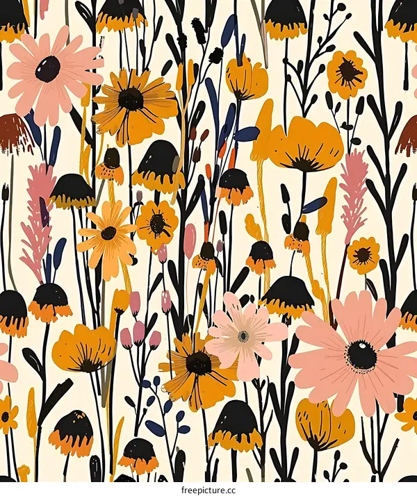 Abstract Floral Pattern with Yellow Flowers and Black Stems
