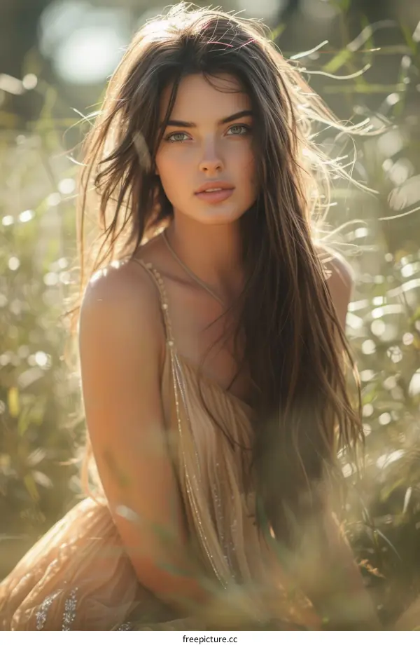 portrait of a beautiful young woman with long brown hair wearing a gold dress sitting in a field of tall grass