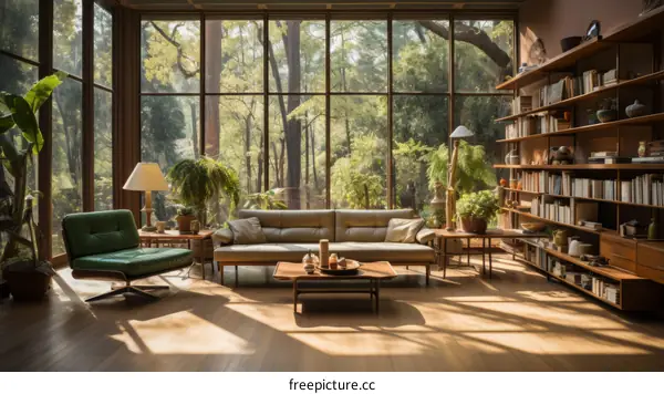 Modern Living Room with Forest View