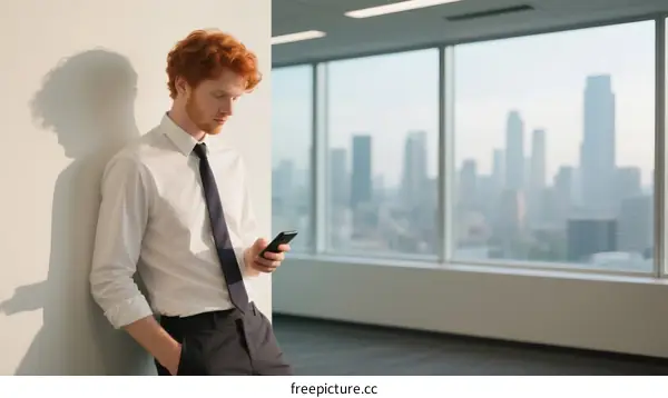 Young Redhead Businessman Using Smartphone in Modern Office