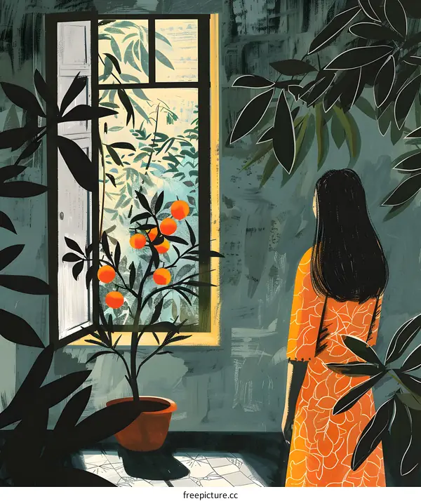 Woman Gazing at an Orange Tree