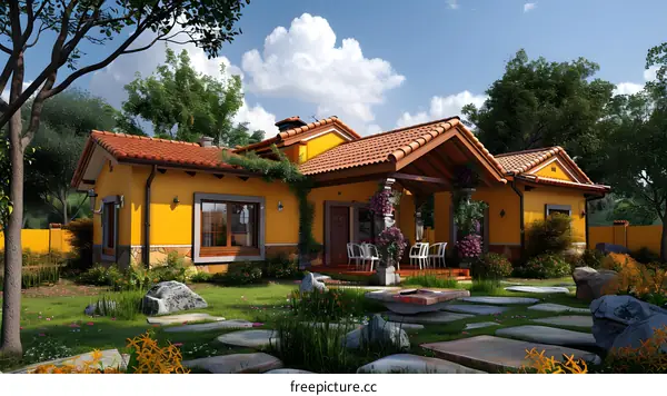 Yellow House with Red Roof and Patio