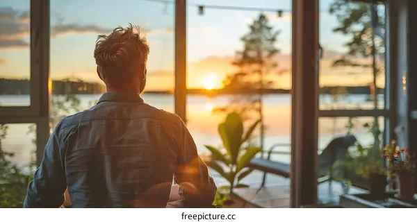man looking out at lake at sunset from house