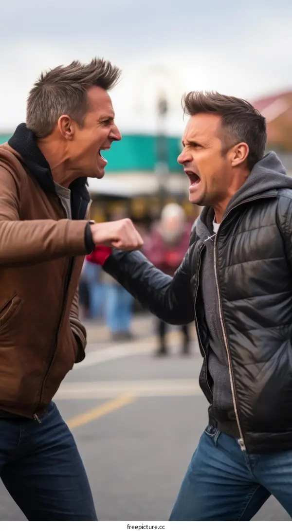 Two men arguing on a busy city street