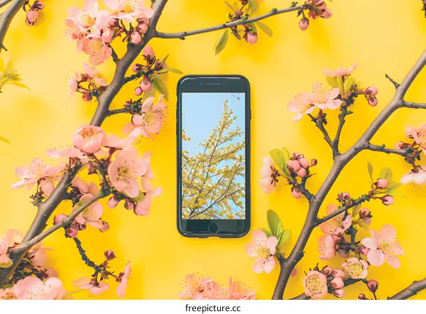 Smartphone with Spring Flowers on Yellow Background