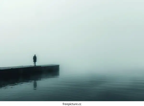 Man standing alone on a pier in the fog