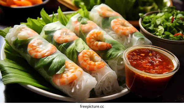 Fresh and delicious Vietnamese spring rolls with shrimp, vegetables, and rice noodles served with sweet and sour sauce