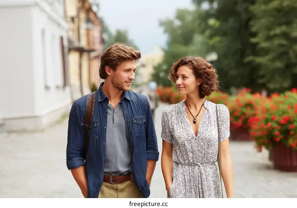 Couple Walking in City Street European Style