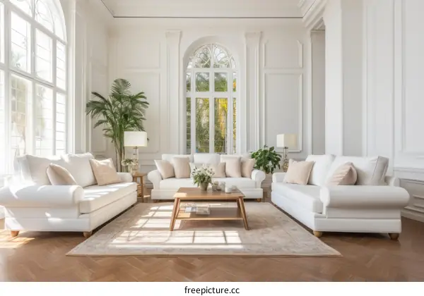 Bright and Airy Living Room With Three White Sofas