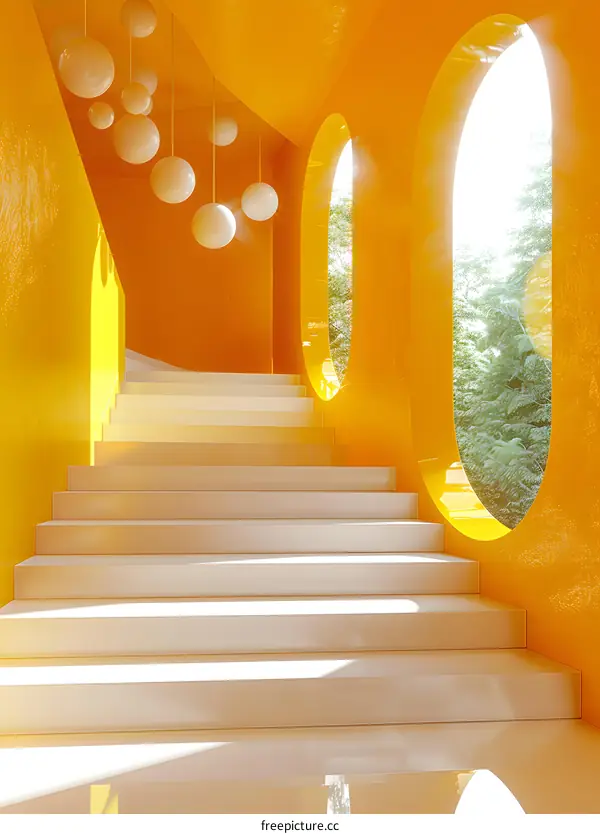 White Stairs with Yellow Walls and Oval Windows