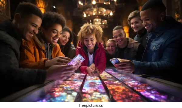 A group of people are looking at a table with colorful lights