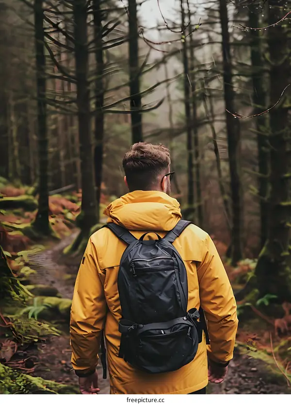 Man in Yellow Jacket Hiking Through Forest