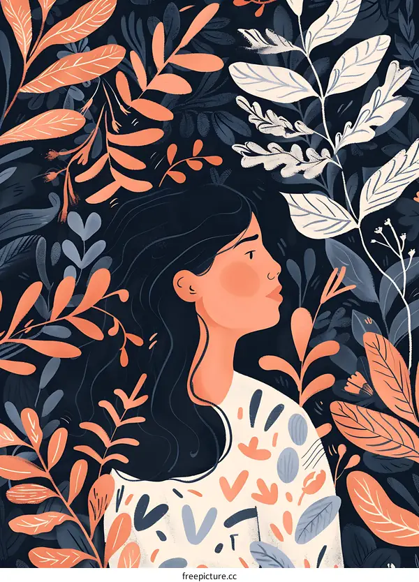 Woman in a Forest with a Floral Pattern