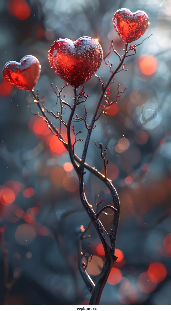 A red heart is blooming on the branches