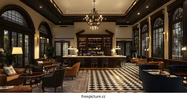 Elegant Interior Design of a Luxurious Bar with Checkered Floor