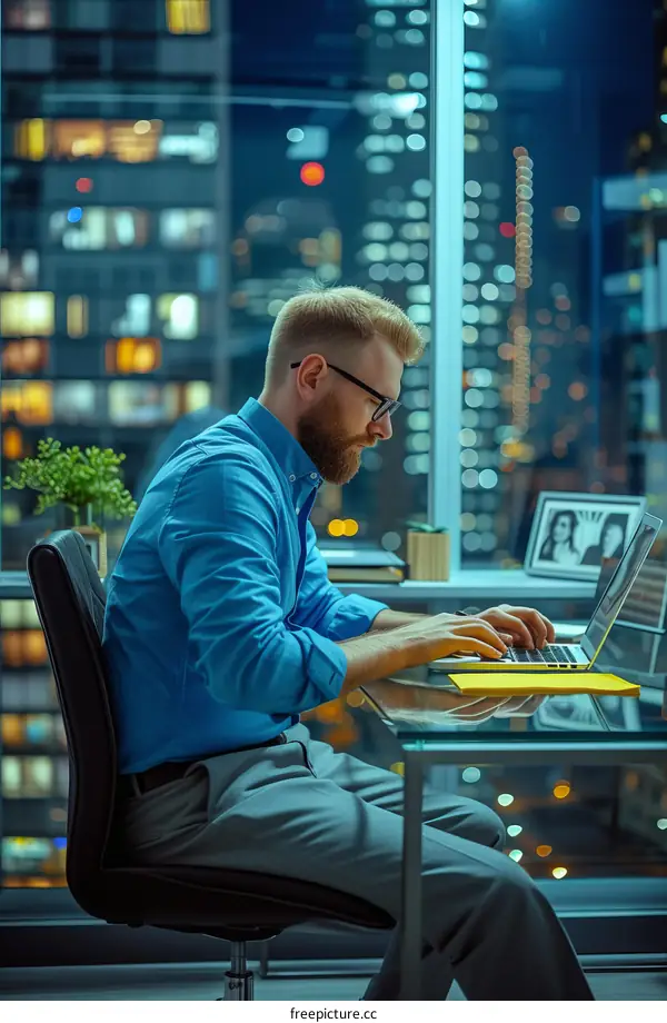 Man in blue shirt working on laptop in modern office with night city view