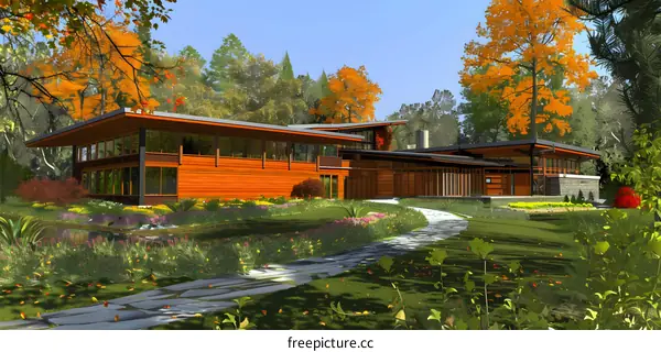 Modern Wooden House Surrounded by Autumn Foliage