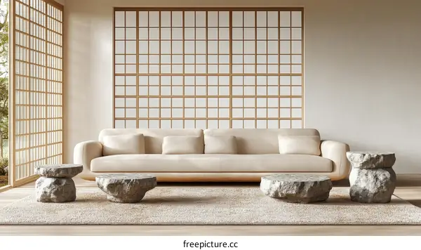 Minimalist Beige Living Room with Stone Tables