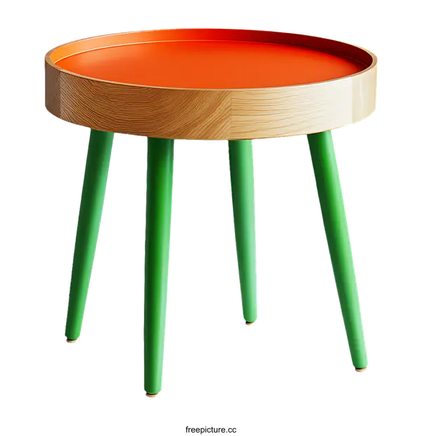 [Transparent Background PNG]Modern Round Side Table with Orange Tray and Green Legs