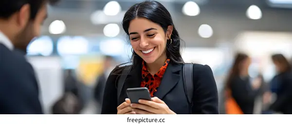 Smiling Woman Using Mobile Phone in a Busy Business Conference