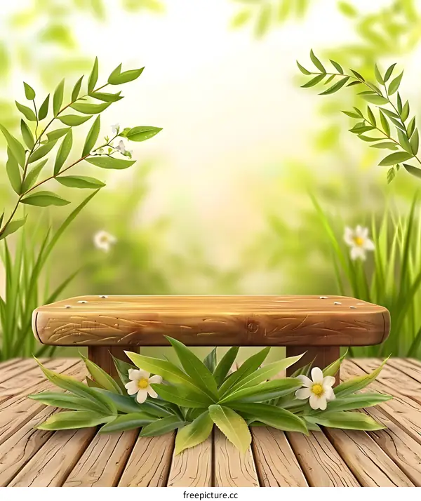 Wooden Platform With Green Leaves And White Flowers In Blurred Background