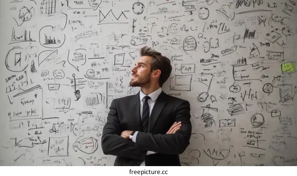 Businessman Facing a Wall of Ideas