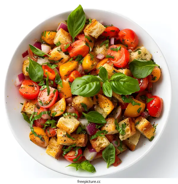 Top view of a bowl of panzanella salad with tomatoes, basil, red onion and bread