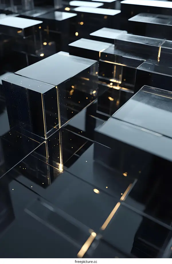 Abstract Geometric Black and Gold Background with Shiny Cubes