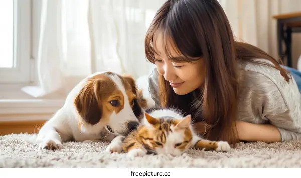 A young woman is lying on the floor with her dog and cat