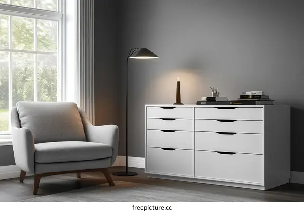 Modern Room Interior Design with Armchair and Drawers